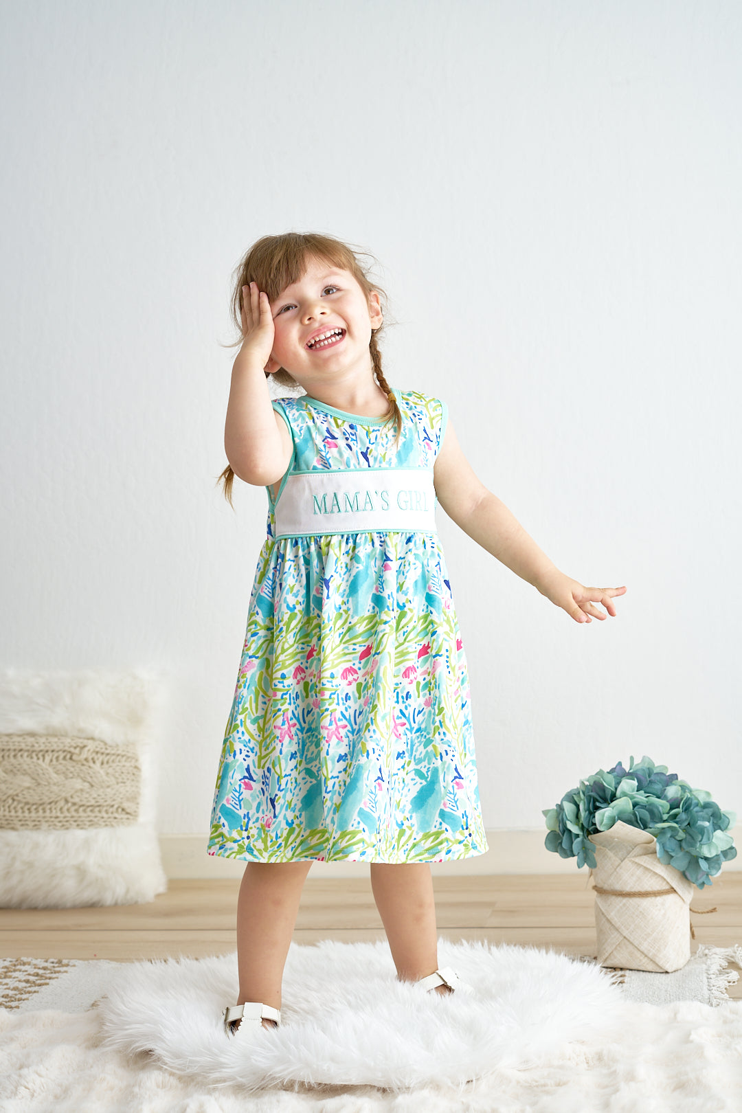 Green lily print mama's girl embroidery dress