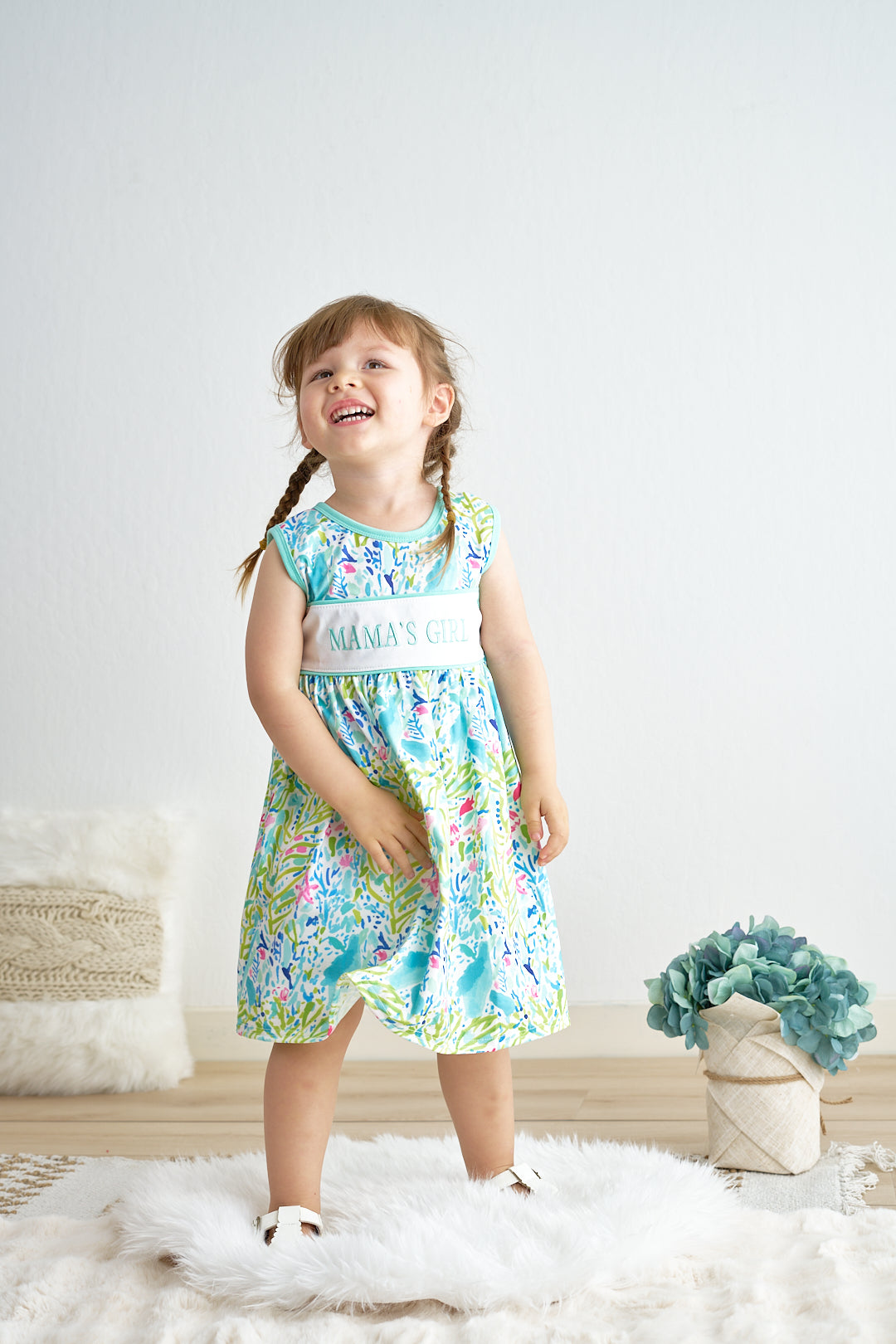 Green lily print mama's girl embroidery dress