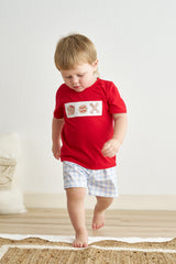 Blue plaid baseball embroidery boy set