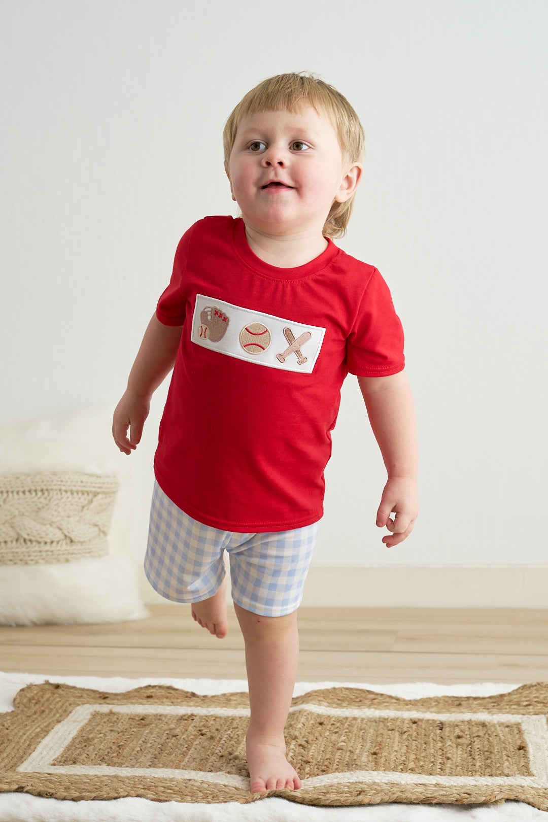 Blue plaid baseball embroidery boy set