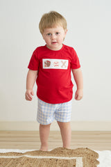 Blue plaid baseball embroidery boy set