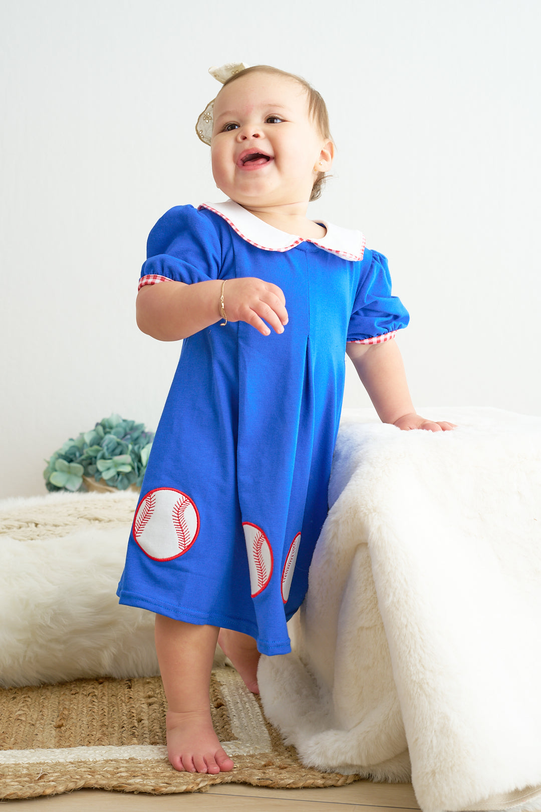 Blue baseball applique dress