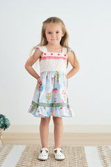 Platinum balloon print floral flutter trim dress