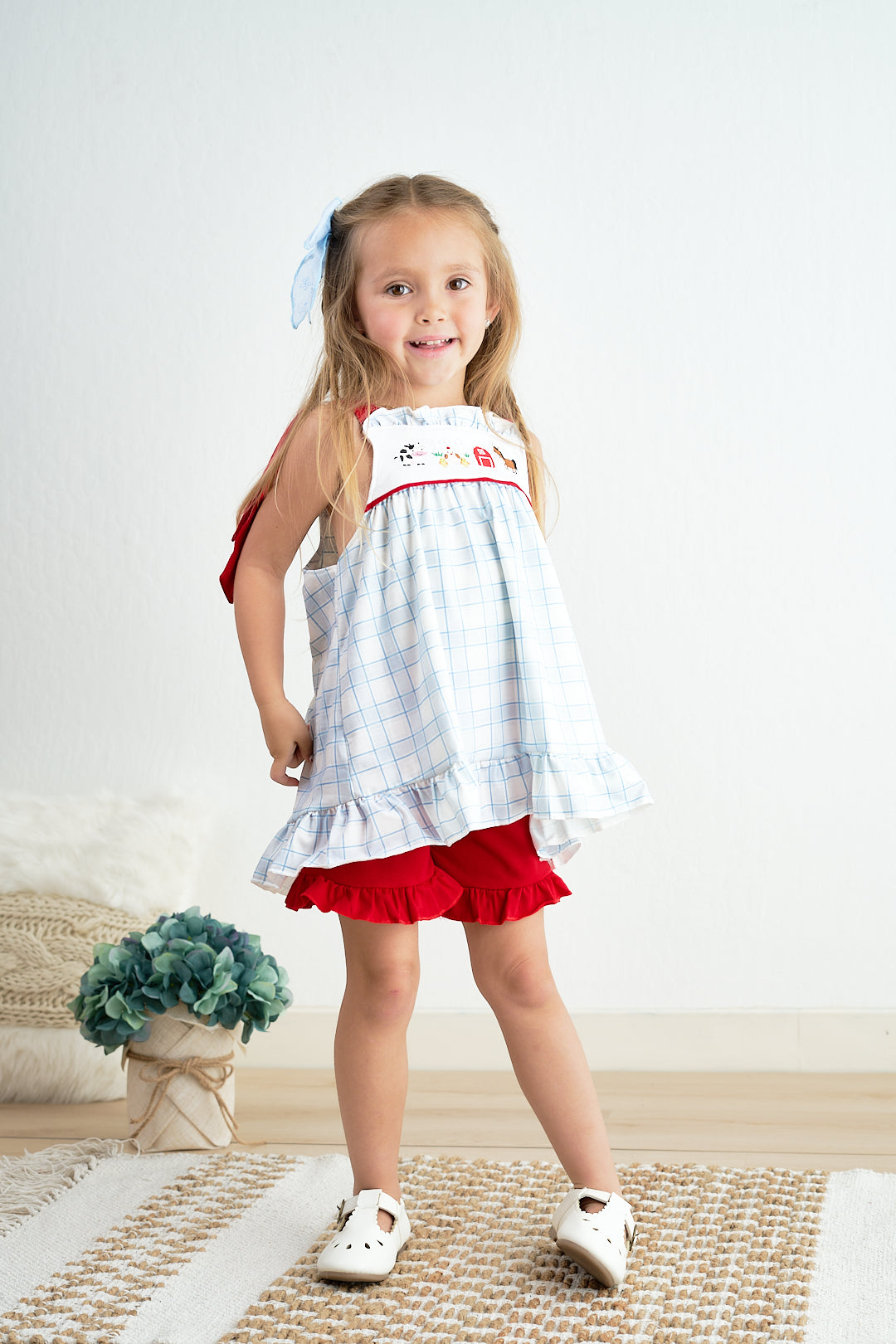 Blue plaid farm embroidery girl set