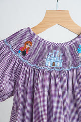 Purple castle hand smocked gingham girl romper