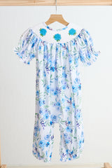 Blue rose hand smocked print girl romper