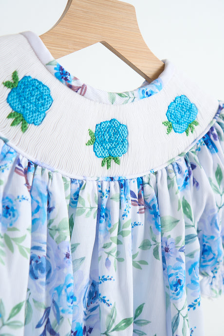 Blue rose hand smocked print girl romper