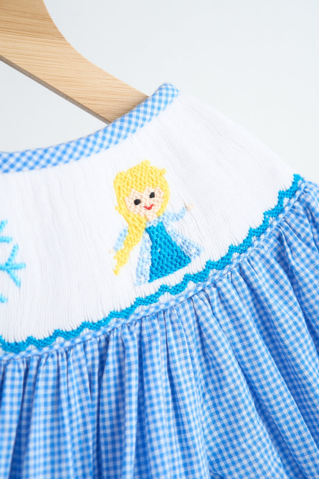 Blue snow princess hand smocked gingham dress