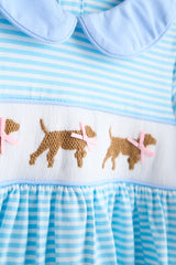 Blue puppy hand smocked stripe dress