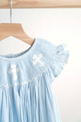 Blue easter cross hand-smocked girl dress