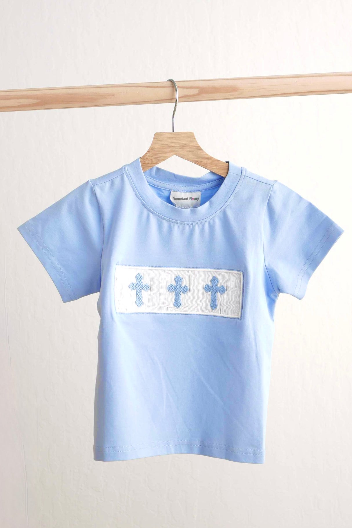 Blue easter cross hand-smokced boy top