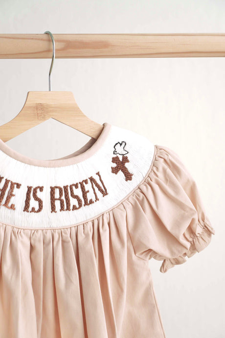 Khaki he is risen hand-smocked girl dress