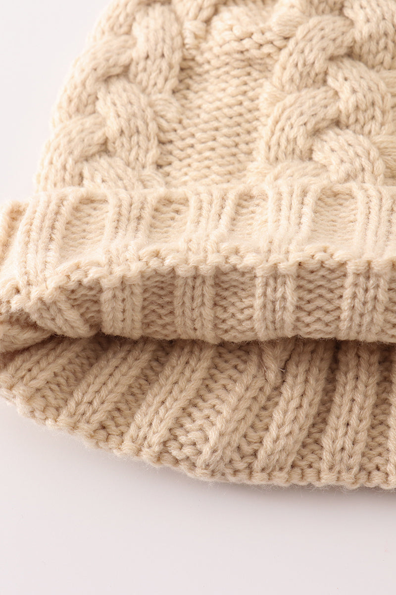 Beige pompom  cable beanie