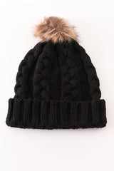 Black pompom cable beanie