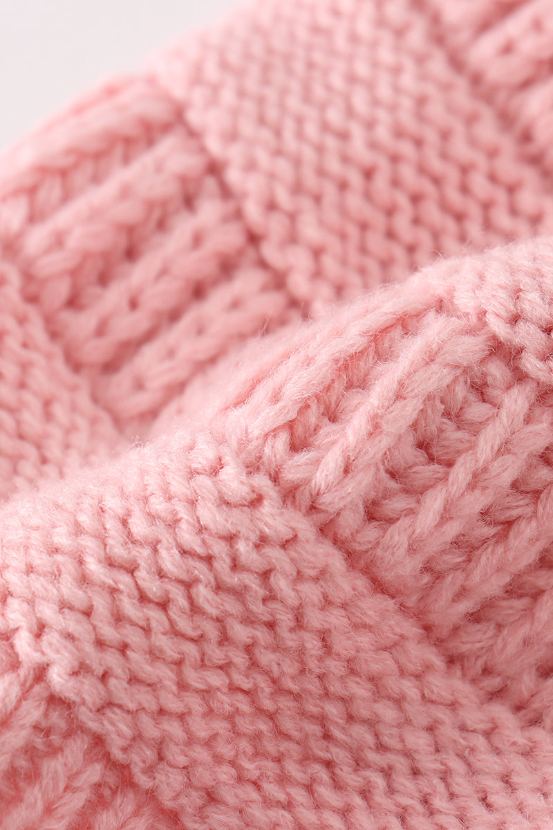 Pink pompom cable beanie