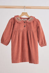 Rust floral embroidery velveteen girl dress