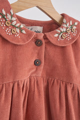 Rust floral embroidery velveteen girl dress