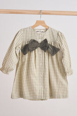 Green gingham flannel bow dress