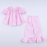 Pink christmas tree hand smocked ruffle pants set