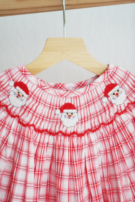 Red christmas santa claus hand smocked plaid dress