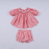 Red christmas santa claus hand smocked plaid bloomer set