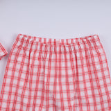 Red christmas santa claus hand smocked plaid ruffle pants set