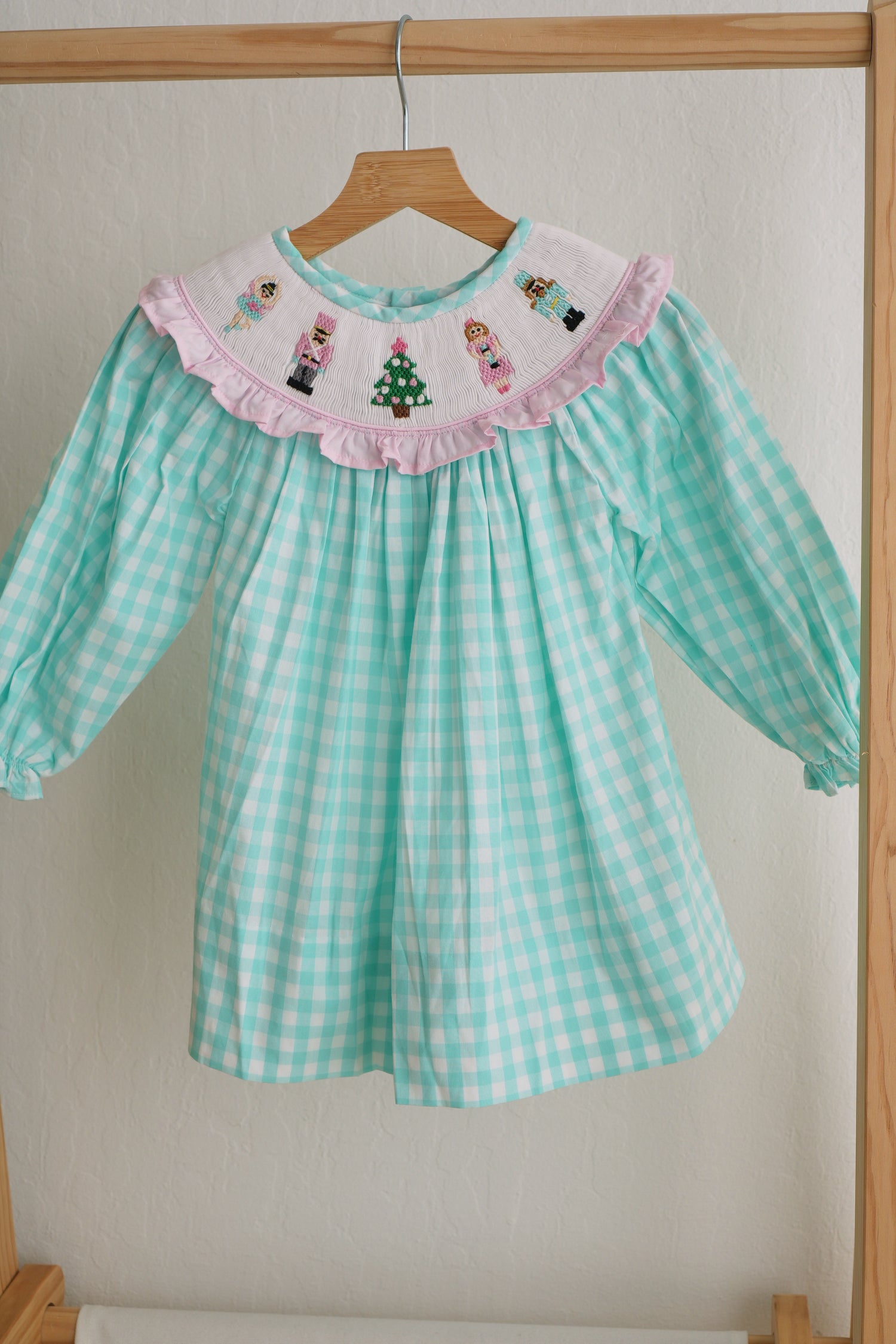 Mint christmas nutcracker hand smocked gingham dress Honeydew USA Mint christmas nutcracker hand smocked gingham dress Honeydew USA