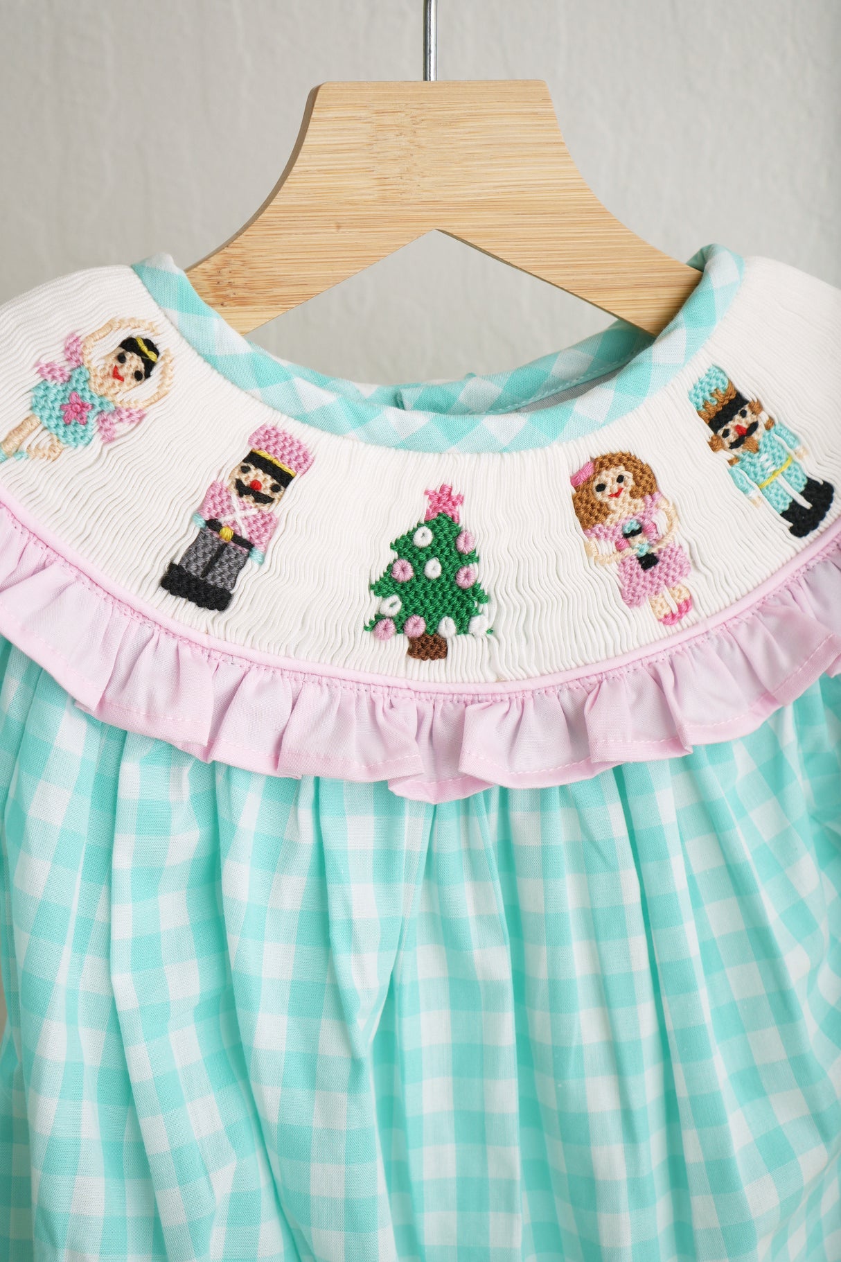 Mint christmas nutcracker hand smocked gingham bubble
