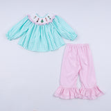 Mint christmas nutcracker hand smocked gingham ruffle pants set