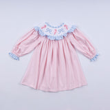 Pink candy cane bow hand smocked ruffle dress