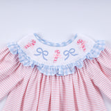 Pink candy cane bow hand smocked ruffle dress
