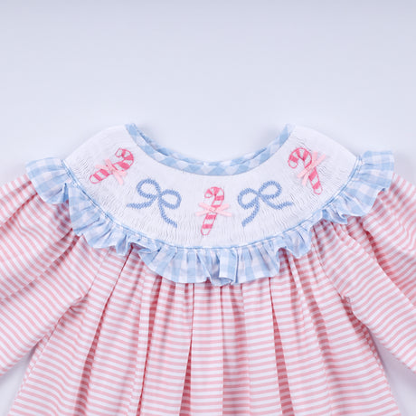 Pink candy cane bow hand smocked ruffle dress
