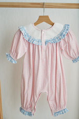 Pink candy cane bow hand smocked ruffle romper