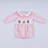 Pink gingerbread hand smocked gingham ruffle bubble