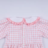 Pink gingerbread hand smocked gingham ruffle bubble