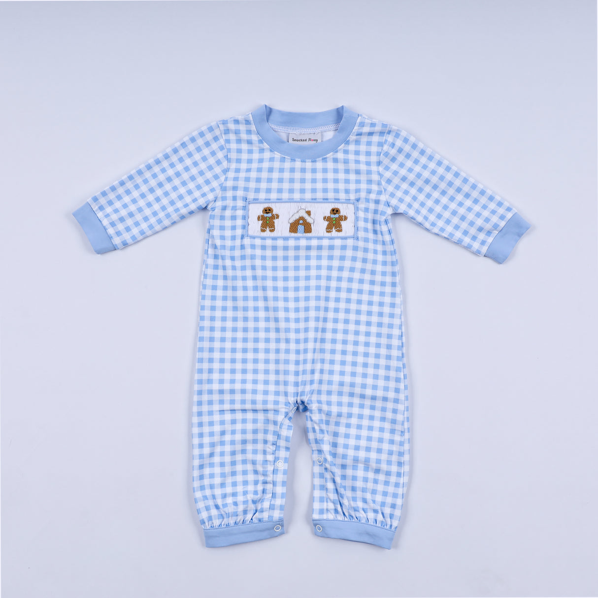 Blue gingerbread hand smocked gingham romper