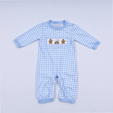 Blue gingerbread hand smocked gingham romper