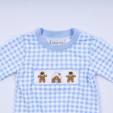 Blue gingerbread hand smocked gingham romper