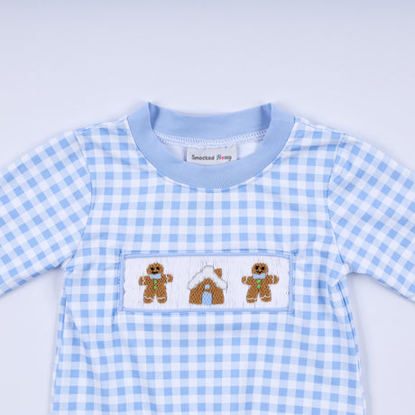 Blue gingerbread hand smocked gingham romper