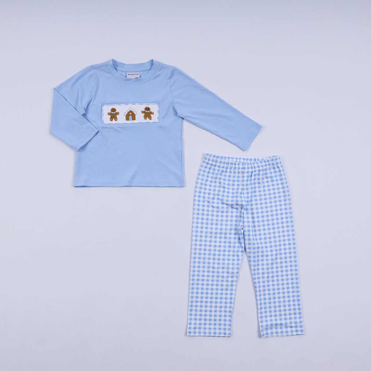 Blue gingerbread hand smocked gingham pants set