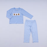 Blue gingerbread hand smocked gingham pants set