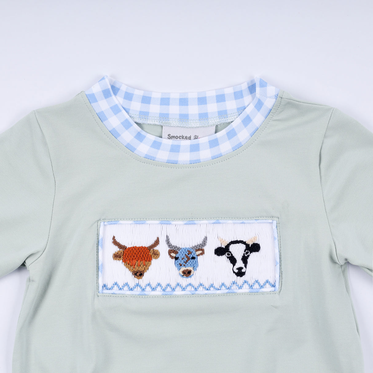 Sage cow hand smocked bubble