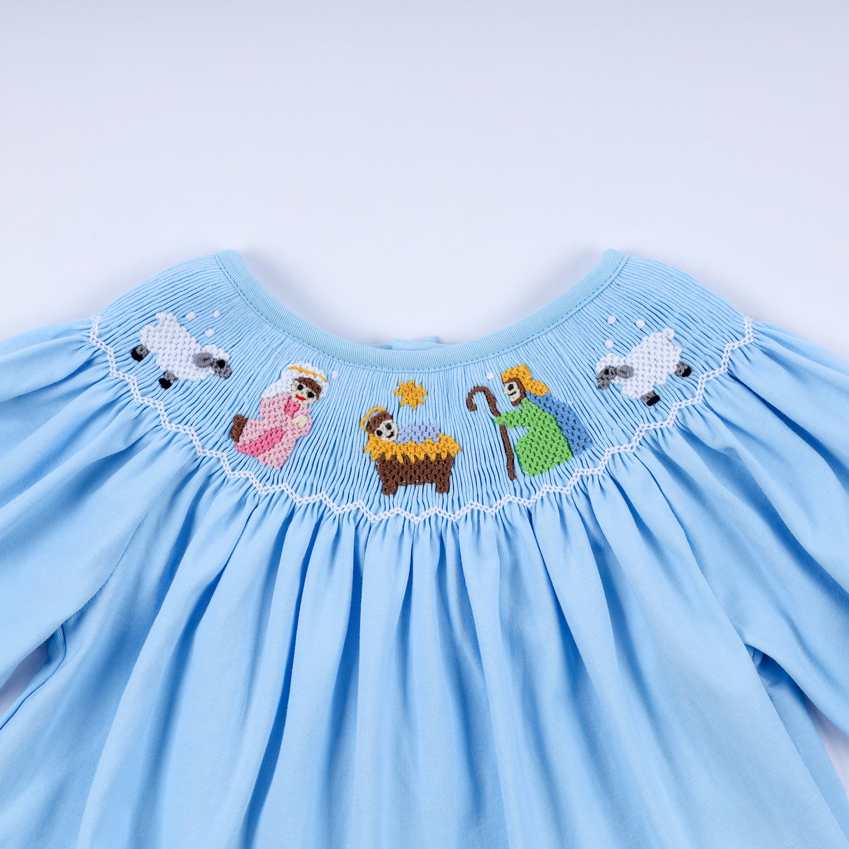 Blue nativity hand smocked bloomer set