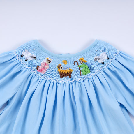 Blue nativity hand smocked bloomer set