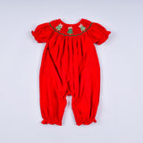 Red christmas tree hand smocked romper
