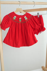 Red christmas tree hand smocked bloomer set