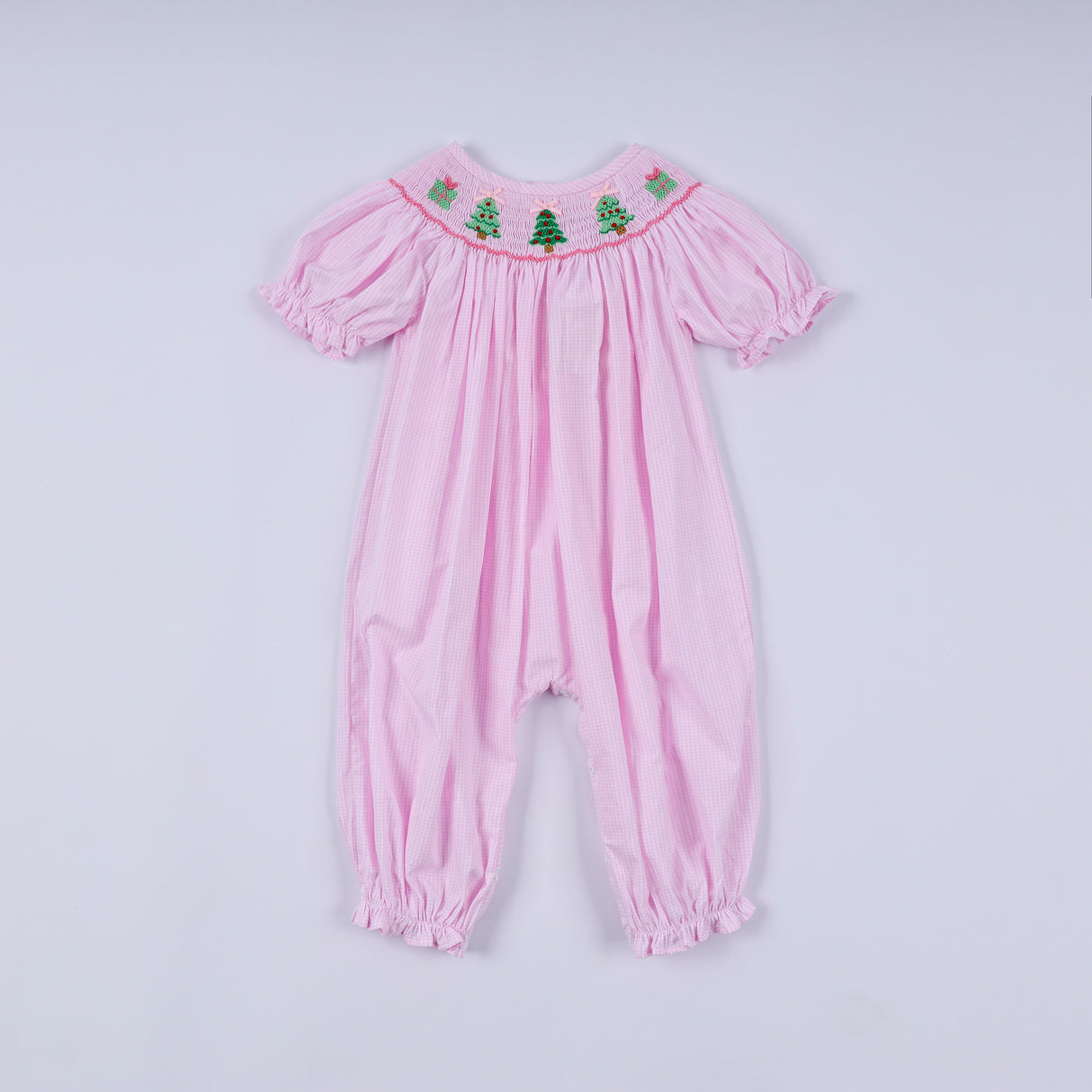 Pink christmas tree hand smocked ruffle romper