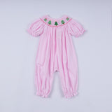 Pink christmas tree hand smocked ruffle romper