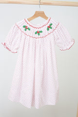 Pink christmas bishop hand smocked dot dress