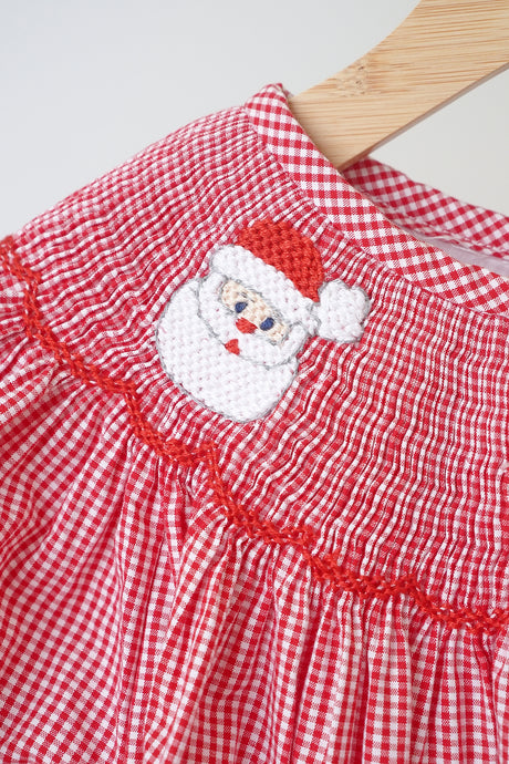 Red christmas santa claus hand smocked gingham dress